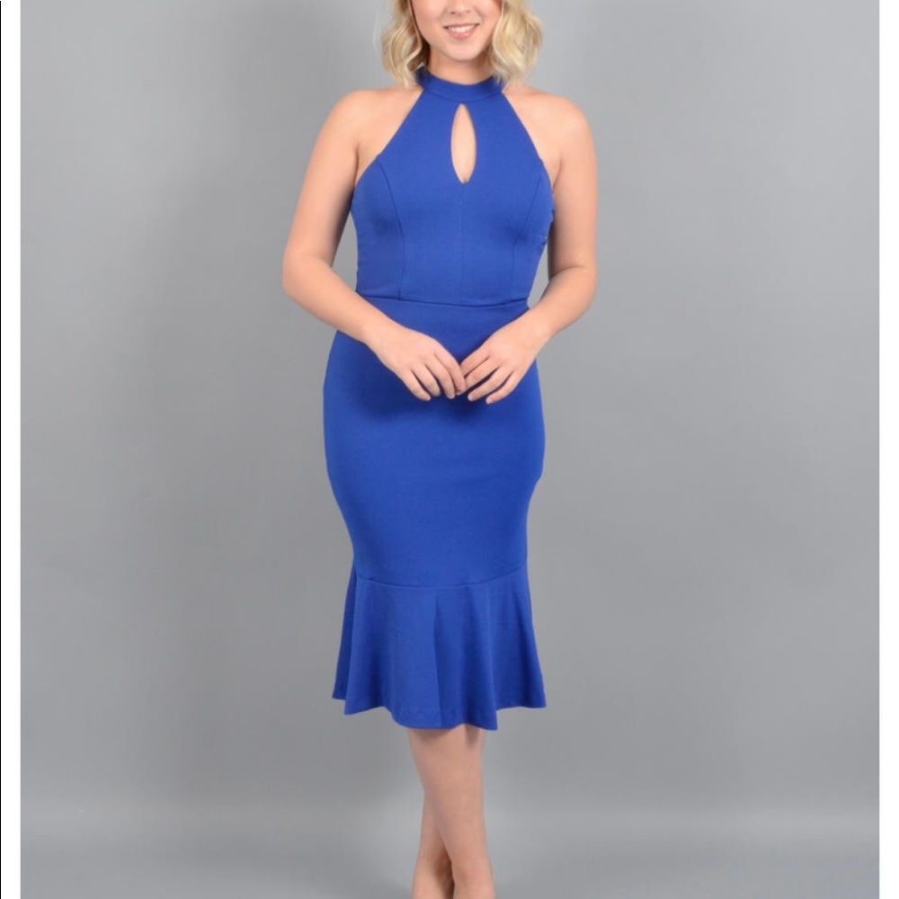 Blue ruffle midi Bebe dress